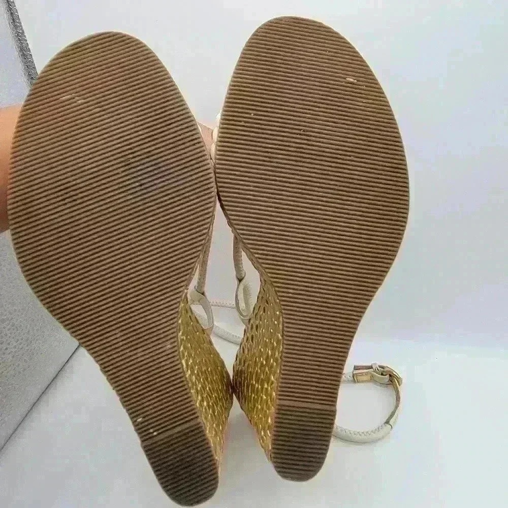 Beautiful! COACH A3259 Blanch Soft Napa White Ankle Strap Gold Wedge Shoes